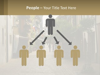 A Group Of People Walking Down A Street Next To Tall Buildings PowerPoint Template