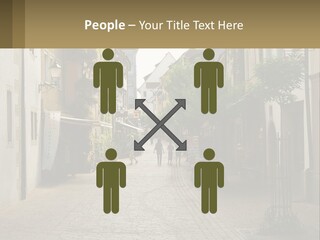 A Group Of People Walking Down A Street Next To Tall Buildings PowerPoint Template