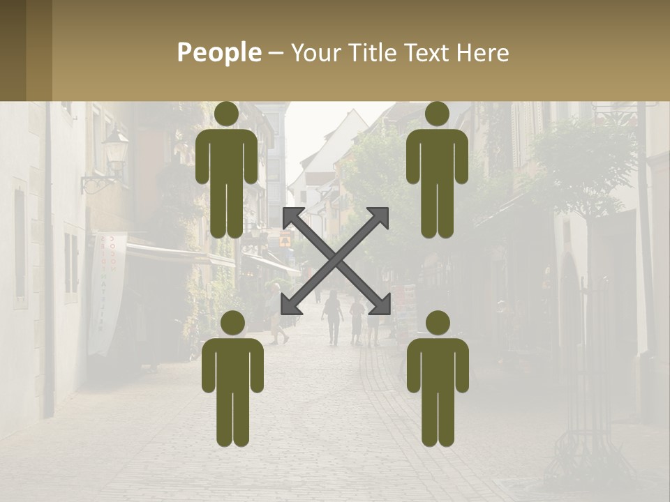 A Group Of People Walking Down A Street Next To Tall Buildings PowerPoint Template