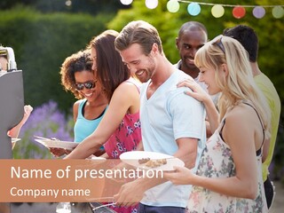 A Group Of People Standing Around A Table With Plates Of Food PowerPoint Template