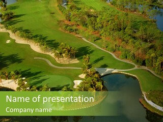 An Aerial View Of A Golf Course With Water And Palm Trees PowerPoint Template