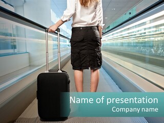 A Woman With A Suitcase Is Walking Down The Escalator PowerPoint Template