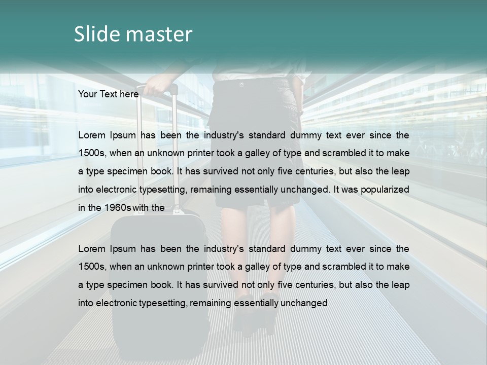 A Woman With A Suitcase Is Walking Down The Escalator PowerPoint Template