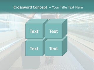 A Woman With A Suitcase Is Walking Down The Escalator PowerPoint Template