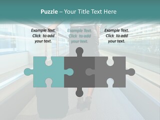A Woman With A Suitcase Is Walking Down The Escalator PowerPoint Template