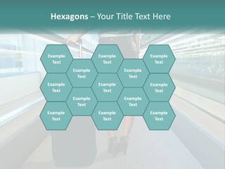 A Woman With A Suitcase Is Walking Down The Escalator PowerPoint Template