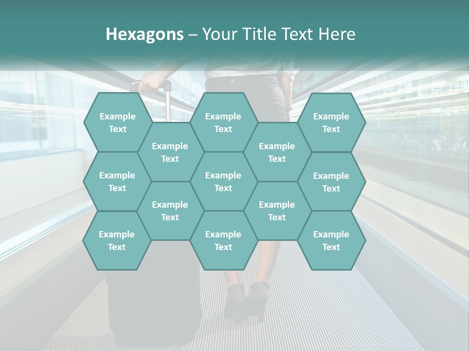 A Woman With A Suitcase Is Walking Down The Escalator PowerPoint Template