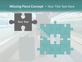 A Woman With A Suitcase Is Walking Down The Escalator PowerPoint Template