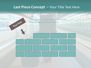 A Woman With A Suitcase Is Walking Down The Escalator PowerPoint Template