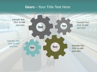 A Woman With A Suitcase Is Walking Down The Escalator PowerPoint Template