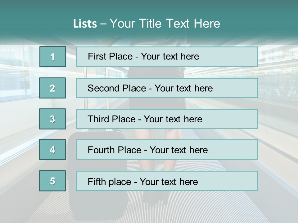 A Woman With A Suitcase Is Walking Down The Escalator PowerPoint Template