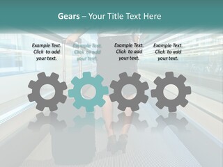 A Woman With A Suitcase Is Walking Down The Escalator PowerPoint Template