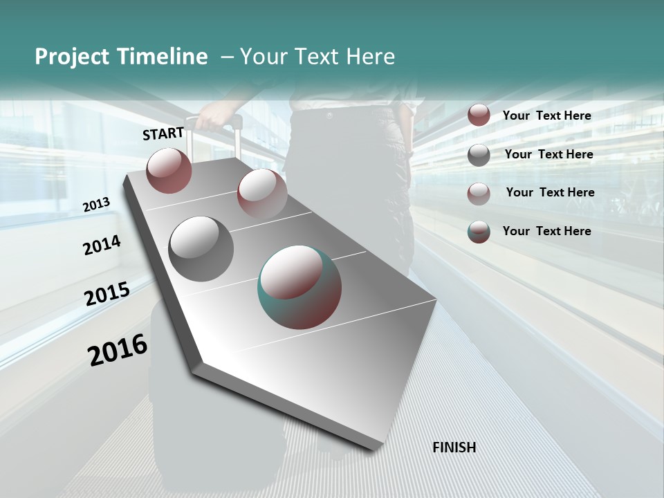 A Woman With A Suitcase Is Walking Down The Escalator PowerPoint Template