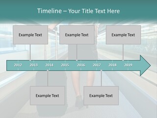 A Woman With A Suitcase Is Walking Down The Escalator PowerPoint Template