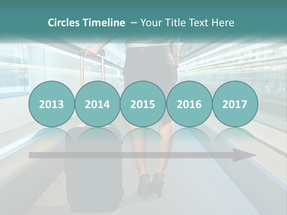 A Woman With A Suitcase Is Walking Down The Escalator PowerPoint Template