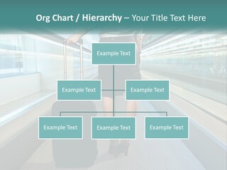 A Woman With A Suitcase Is Walking Down The Escalator PowerPoint Template