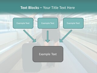 A Woman With A Suitcase Is Walking Down The Escalator PowerPoint Template