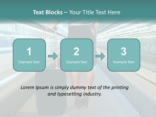 A Woman With A Suitcase Is Walking Down The Escalator PowerPoint Template