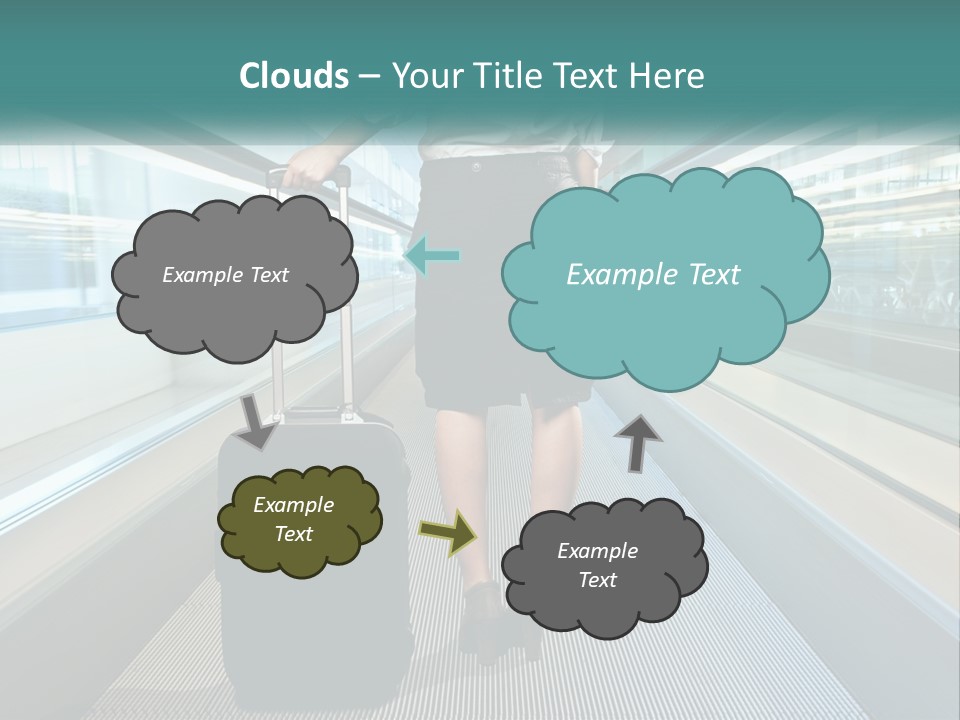 A Woman With A Suitcase Is Walking Down The Escalator PowerPoint Template