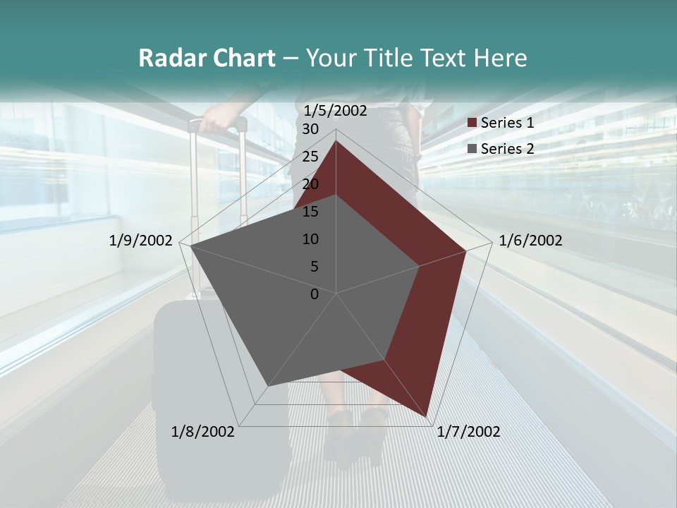 A Woman With A Suitcase Is Walking Down The Escalator PowerPoint Template