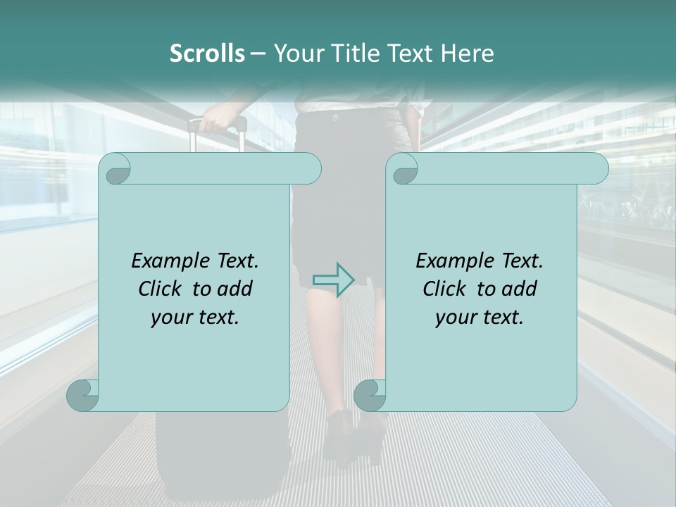 A Woman With A Suitcase Is Walking Down The Escalator PowerPoint Template