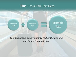 A Woman With A Suitcase Is Walking Down The Escalator PowerPoint Template