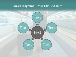 A Woman With A Suitcase Is Walking Down The Escalator PowerPoint Template