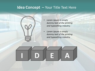 A Woman With A Suitcase Is Walking Down The Escalator PowerPoint Template