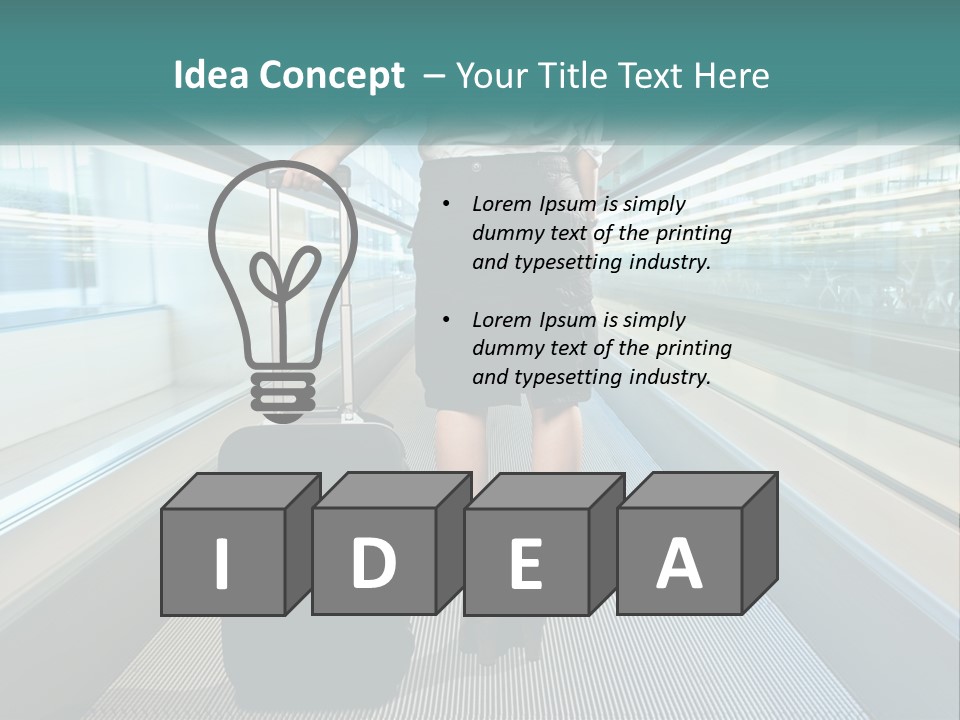 A Woman With A Suitcase Is Walking Down The Escalator PowerPoint Template