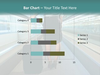 A Woman With A Suitcase Is Walking Down The Escalator PowerPoint Template