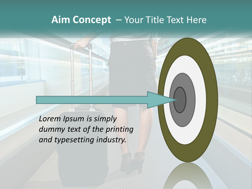 A Woman With A Suitcase Is Walking Down The Escalator PowerPoint Template