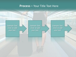 A Woman With A Suitcase Is Walking Down The Escalator PowerPoint Template