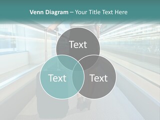 A Woman With A Suitcase Is Walking Down The Escalator PowerPoint Template
