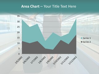 A Woman With A Suitcase Is Walking Down The Escalator PowerPoint Template
