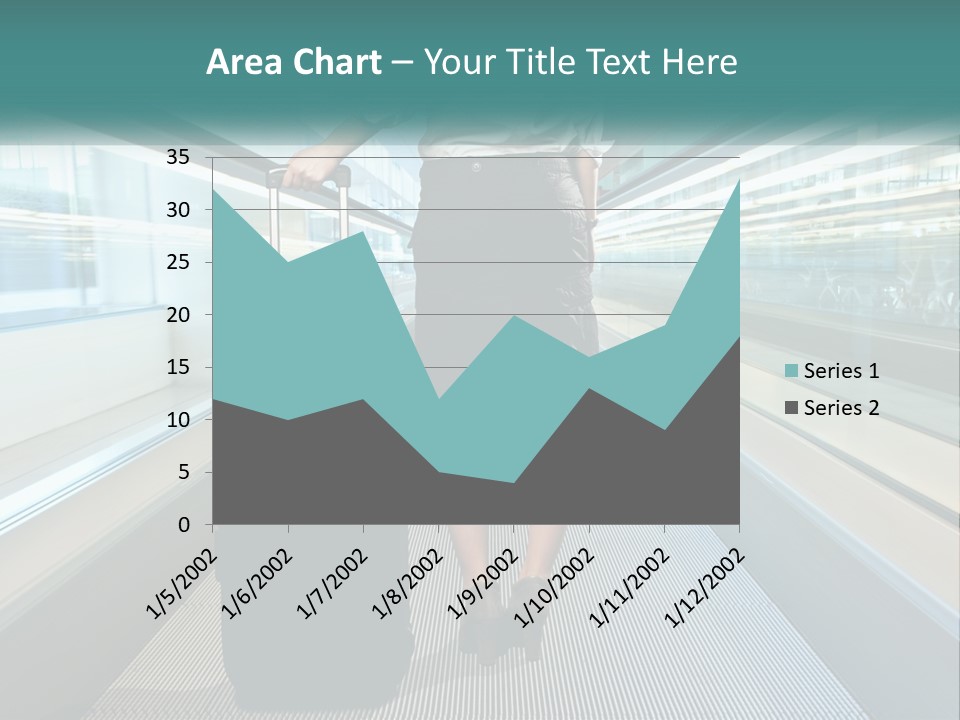 A Woman With A Suitcase Is Walking Down The Escalator PowerPoint Template