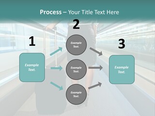 A Woman With A Suitcase Is Walking Down The Escalator PowerPoint Template