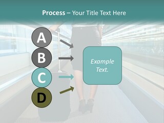 A Woman With A Suitcase Is Walking Down The Escalator PowerPoint Template
