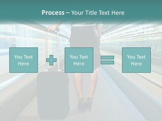A Woman With A Suitcase Is Walking Down The Escalator PowerPoint Template