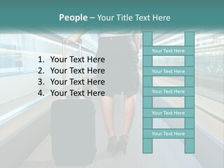 A Woman With A Suitcase Is Walking Down The Escalator PowerPoint Template