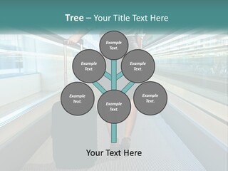 A Woman With A Suitcase Is Walking Down The Escalator PowerPoint Template