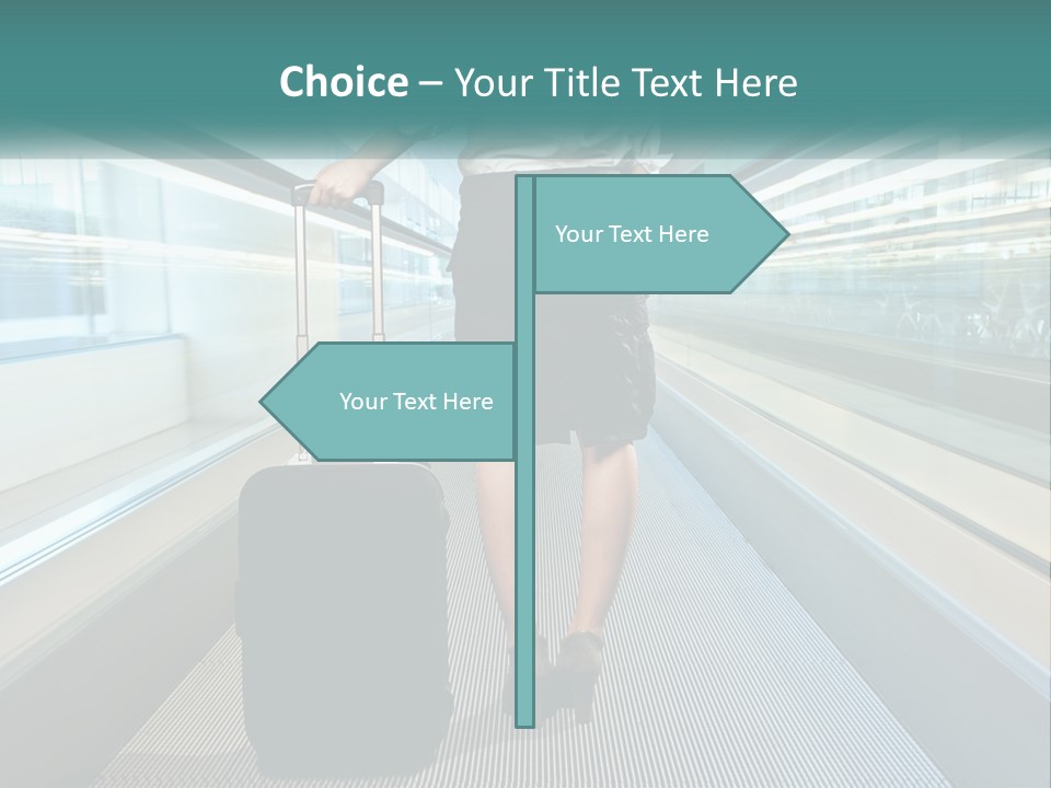 A Woman With A Suitcase Is Walking Down The Escalator PowerPoint Template