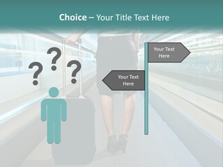 A Woman With A Suitcase Is Walking Down The Escalator PowerPoint Template