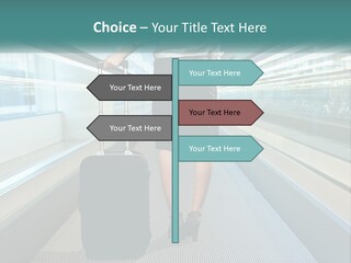 A Woman With A Suitcase Is Walking Down The Escalator PowerPoint Template