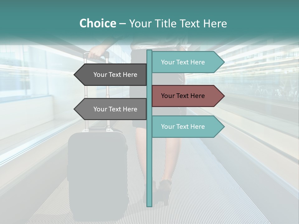 A Woman With A Suitcase Is Walking Down The Escalator PowerPoint Template
