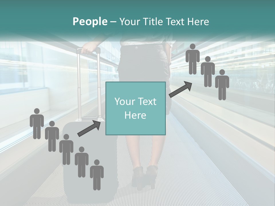 A Woman With A Suitcase Is Walking Down The Escalator PowerPoint Template