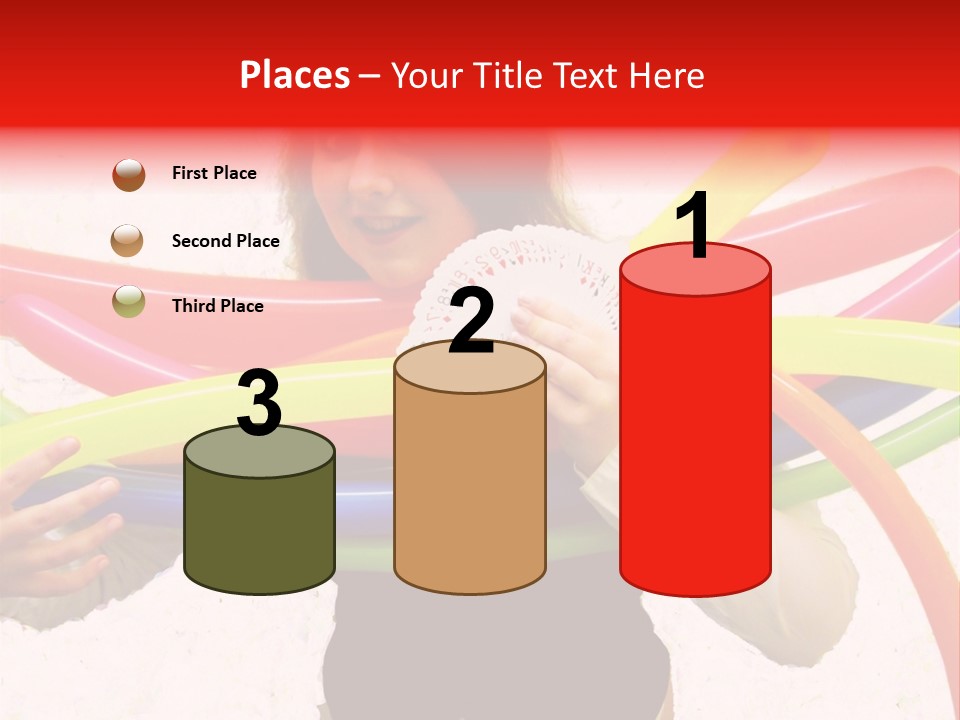 A Woman Holding Up A Stack Of Colorful Rings And Playing Cards PowerPoint Template