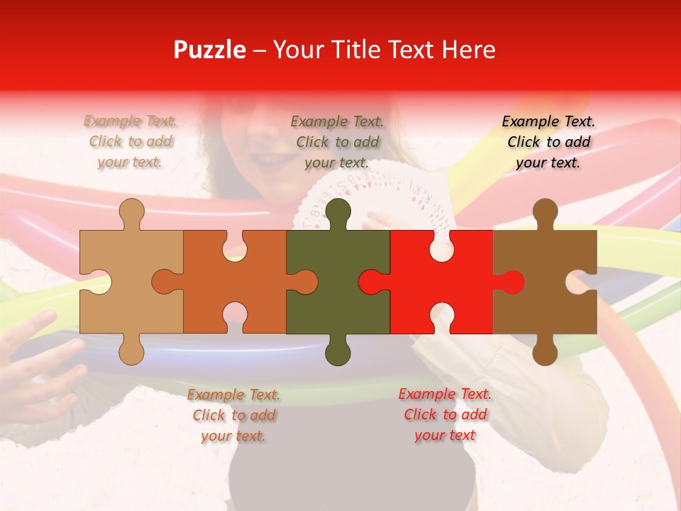 A Woman Holding Up A Stack Of Colorful Rings And Playing Cards PowerPoint Template