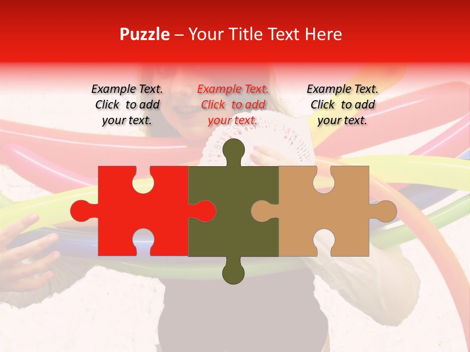 A Woman Holding Up A Stack Of Colorful Rings And Playing Cards PowerPoint Template