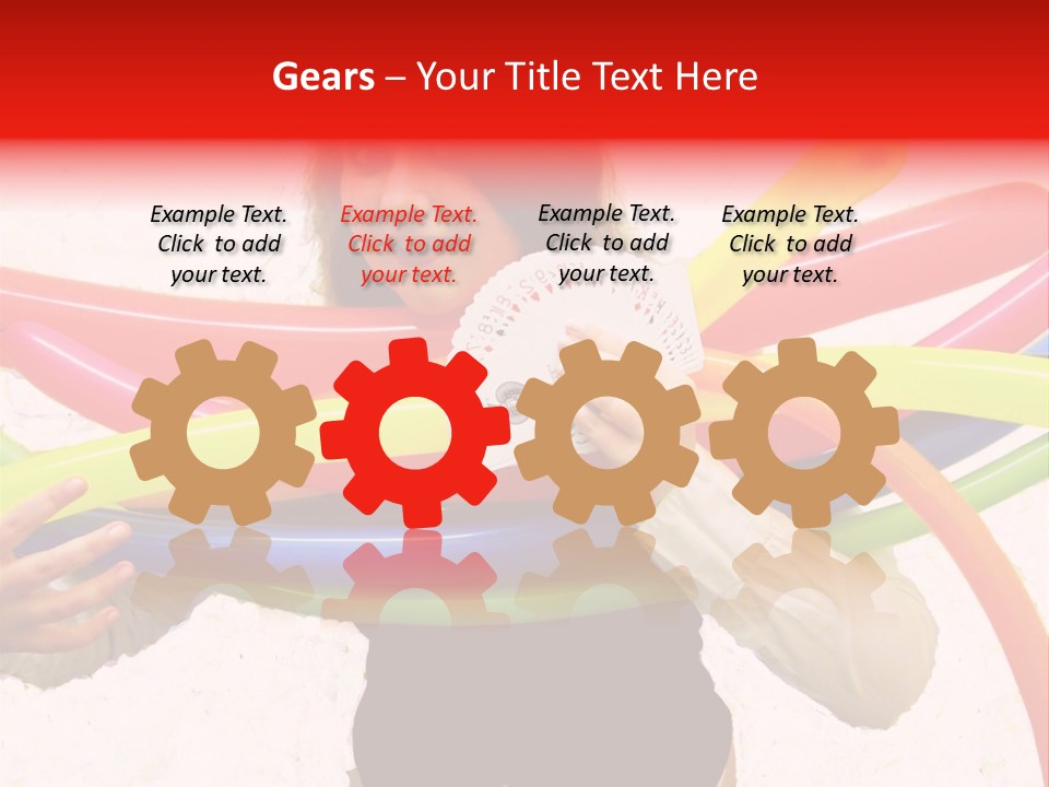 A Woman Holding Up A Stack Of Colorful Rings And Playing Cards PowerPoint Template