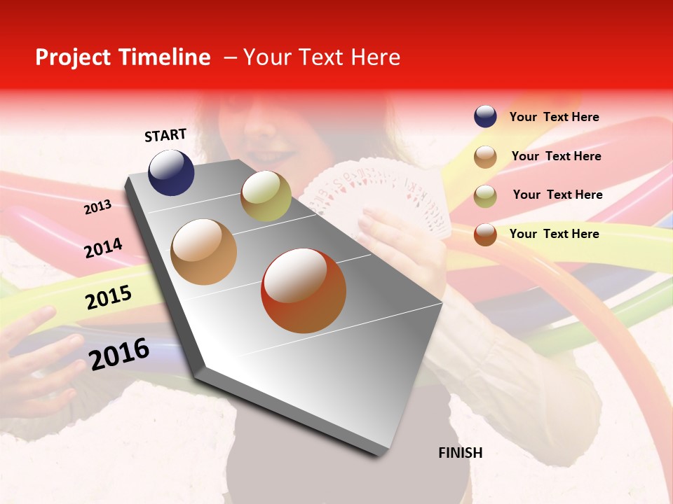 A Woman Holding Up A Stack Of Colorful Rings And Playing Cards PowerPoint Template